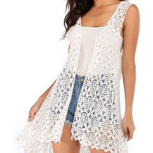 NWT Lace Front Open Sleeveless Top Crochet Vest Swim Cover up BOHO